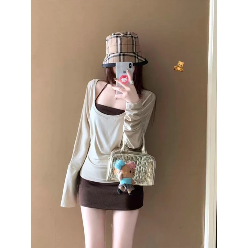 早秋慵懒风宽松薄款长袖u领T恤挂脖背心显瘦包臀裙时尚纯欲套装女