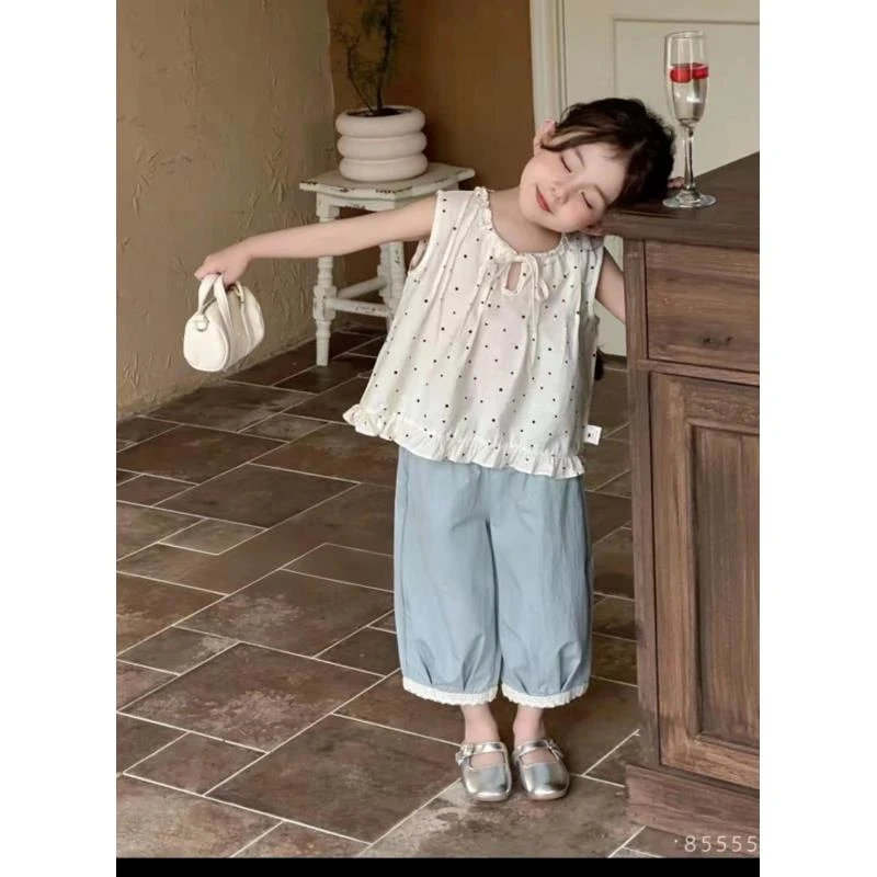 2025新夏韩系木耳边波点娃娃衫蓝色灯笼裤套装