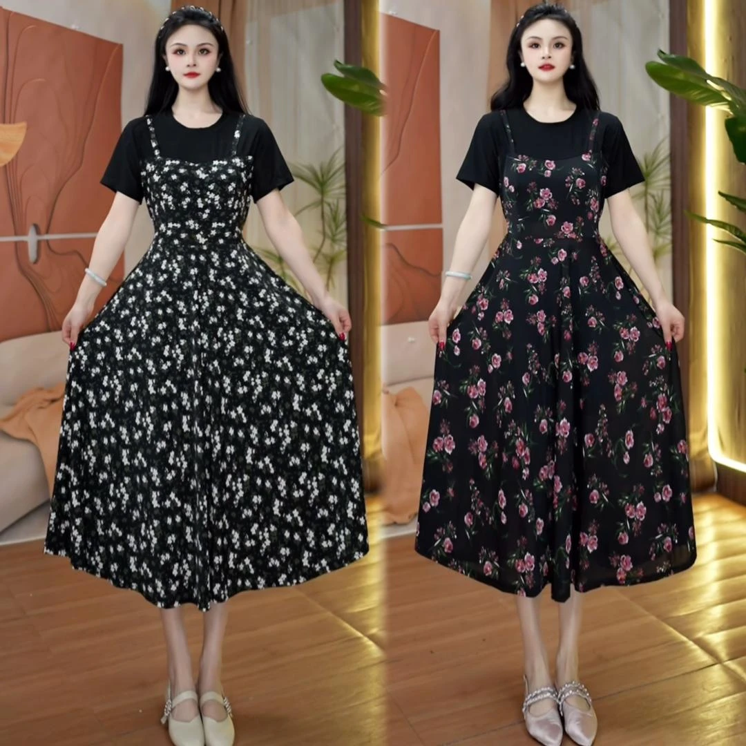 夏季碎花裙洋气拼接短袖连衣裙假两件遮肚显瘦气质连衣裙