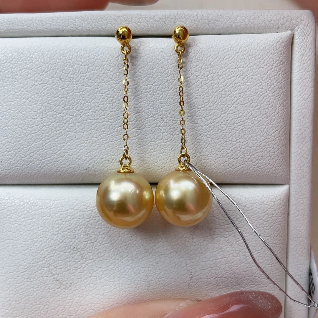 18K金镶嵌耳饰海水珍珠金珠9-10