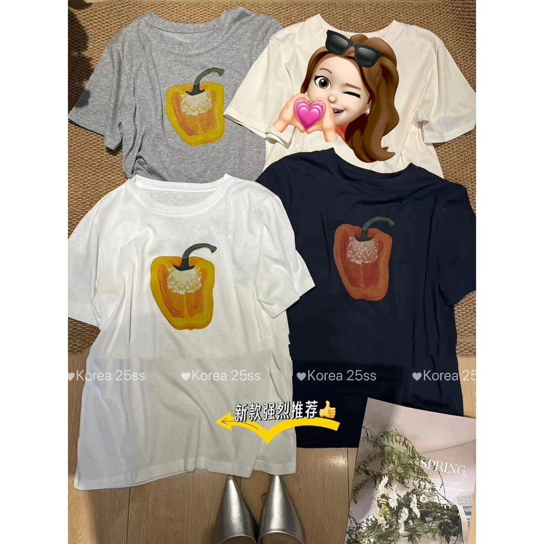 （甜椒姐姐） 2025夏季新款重工钉珠印花圆领短袖T恤女上衣韩档C690