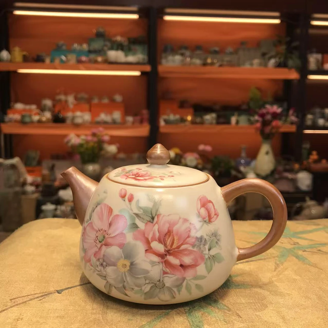 扬名茶器 米黄汝窑玉兰花潘壶一壶两杯小套装家用茶具套-2834