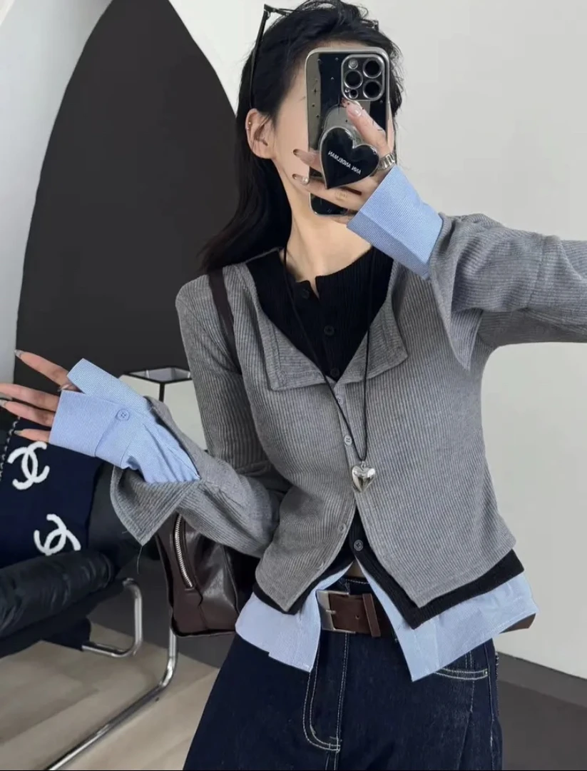 【俪宝】叠穿打底王撞色假三件软糯螺纹拼接针织衫毛衣开衫时尚