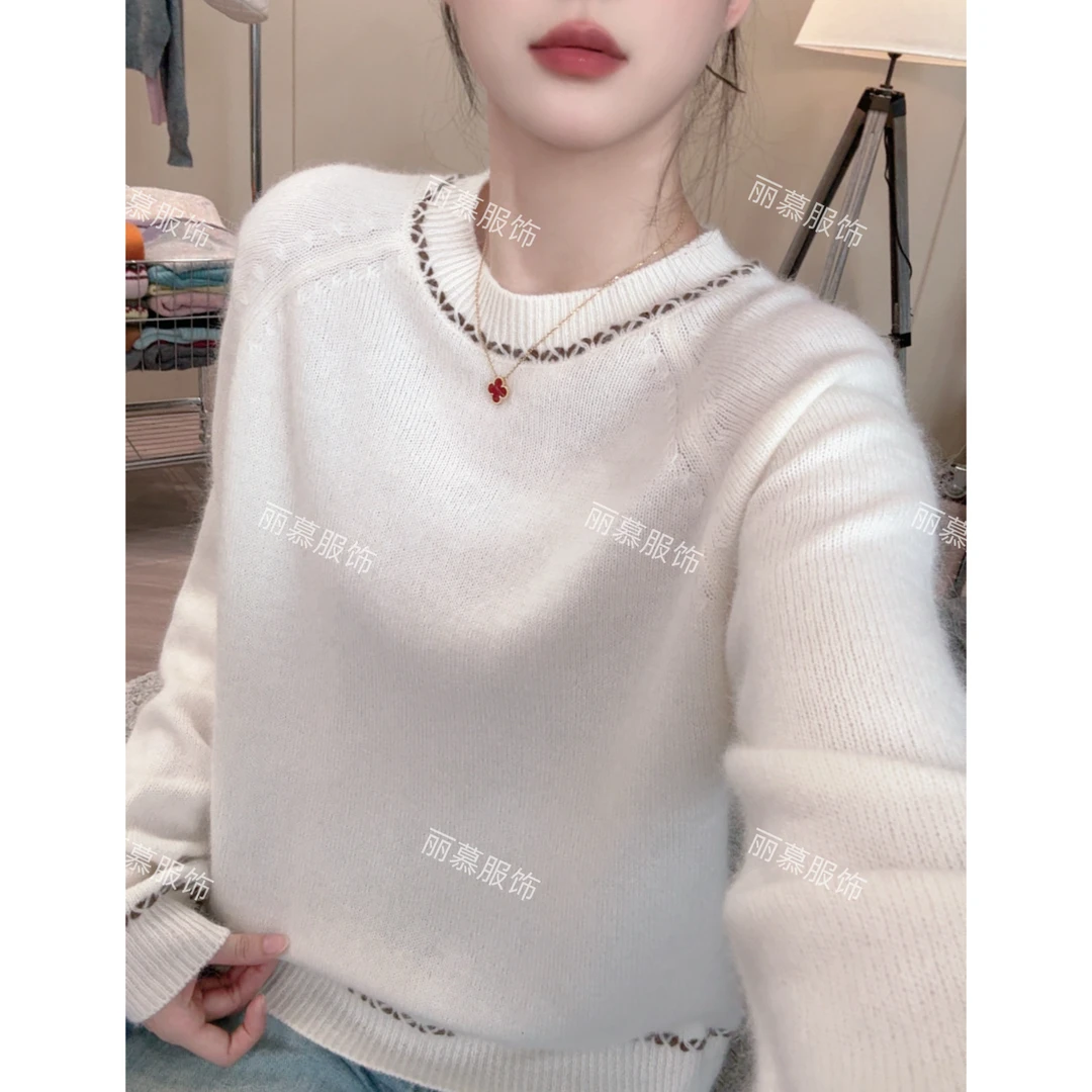 【格纹虚线】简约韩版宽松软糯舒适格纹插肩袖针织套头毛衣2105