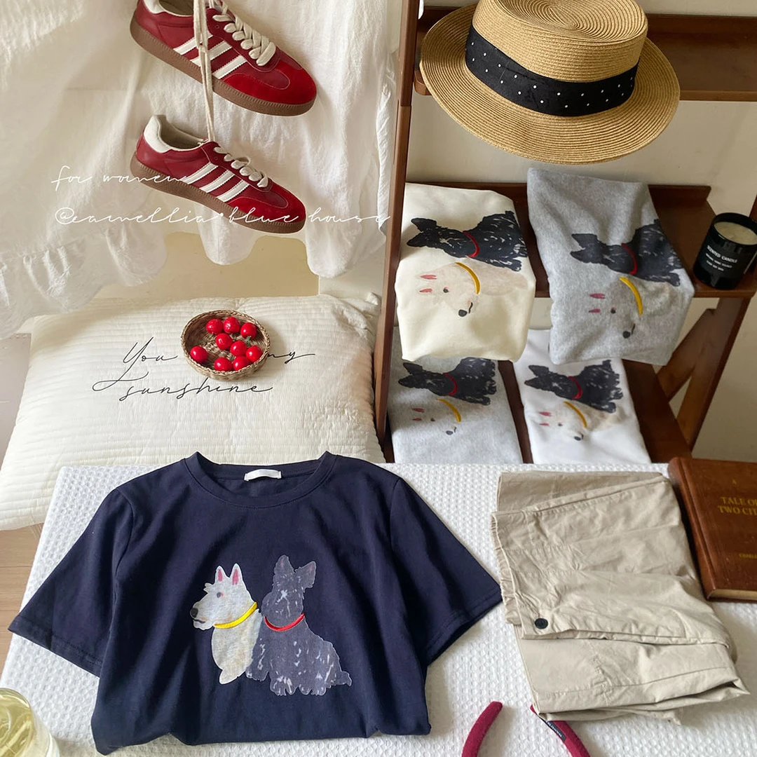 ins风卡通小狗印花雪花短袖上衣夏软糯透气宽松圆领显瘦减龄t恤