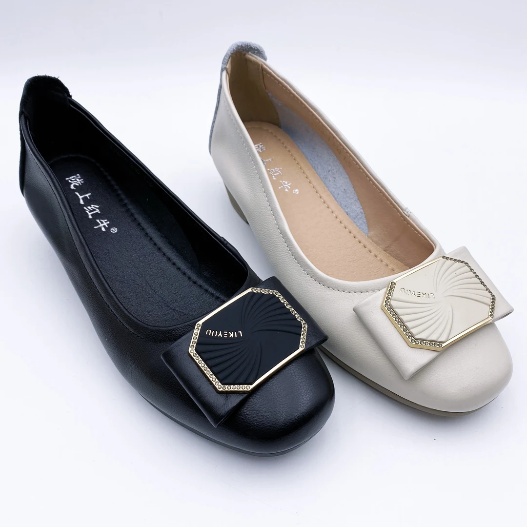 陇上红牛女士秋款头层牛皮时尚法式百搭浅口坡跟休闲皮鞋5198-1