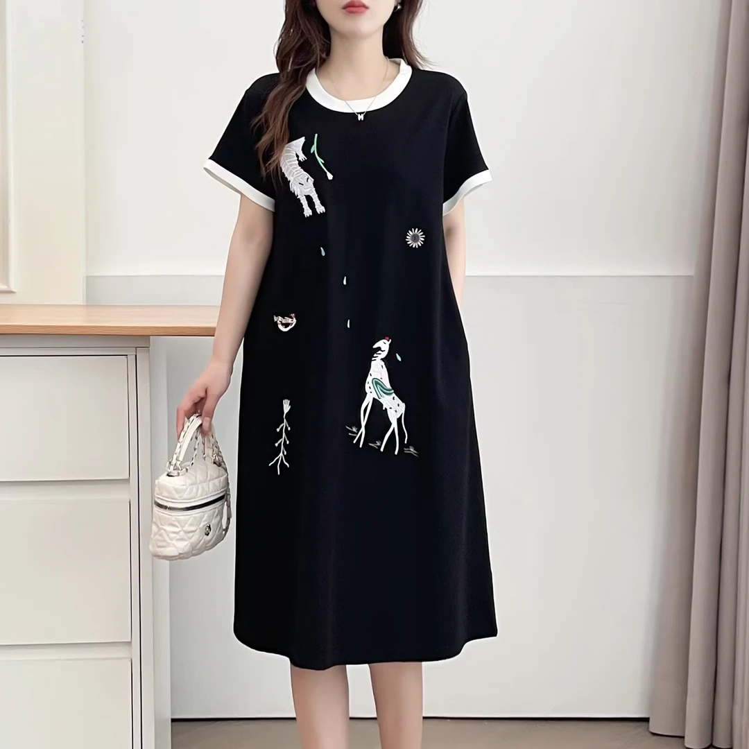 大码胖mm卡通印花短袖T恤裙子女夏装新款显瘦遮肚减龄休闲连衣裙