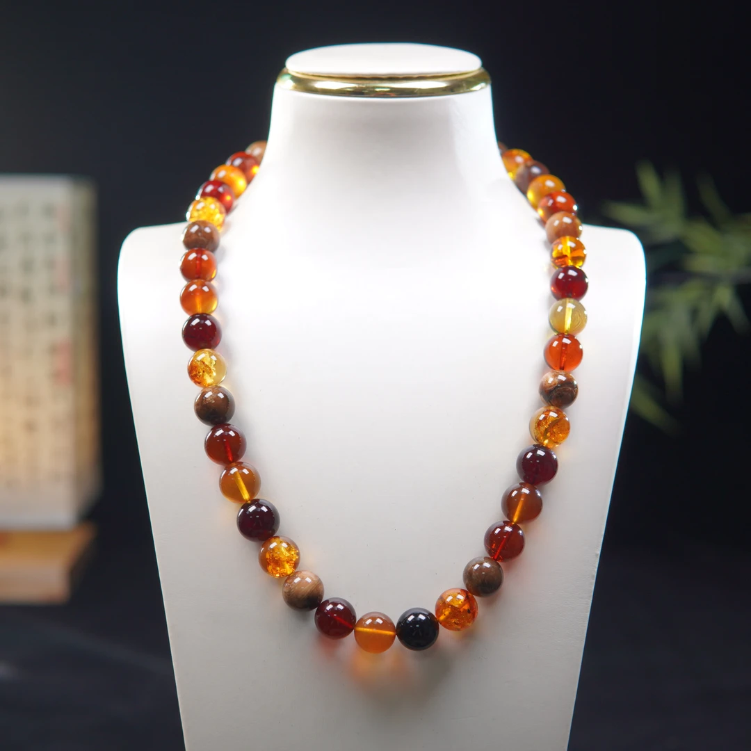 小东珠宝-12mm琥珀多宝圆珠妈妈链项链时尚精美百搭轻奢典雅