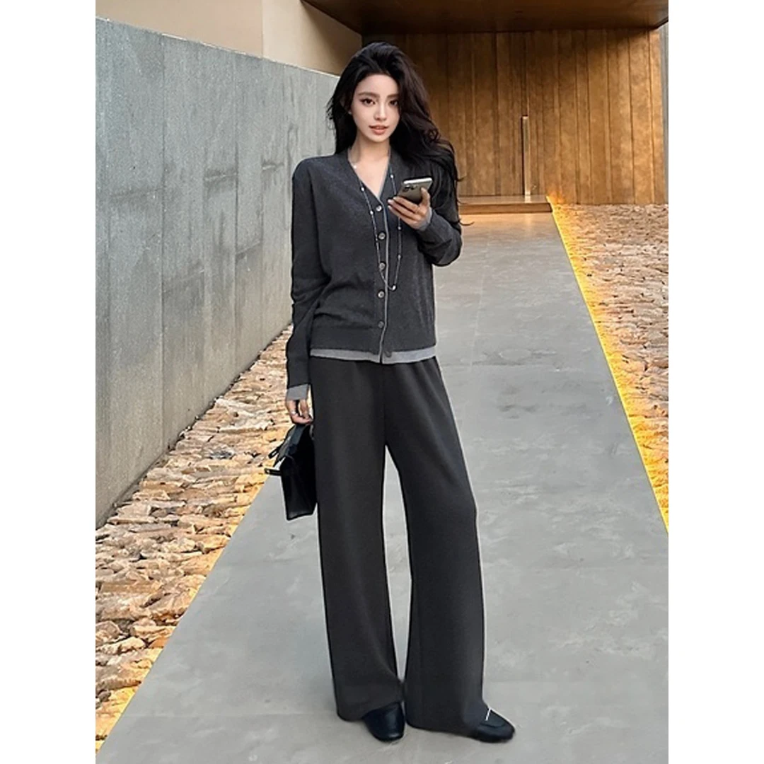 欧货轻奢高级复古假两件针织衫套装秋季新款气质显瘦阔腿裤两件套