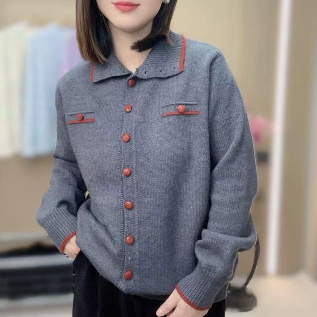 【12粒扣开衫】秋冬新款女士堆堆领开衫纯色撞色毛衣针织衫