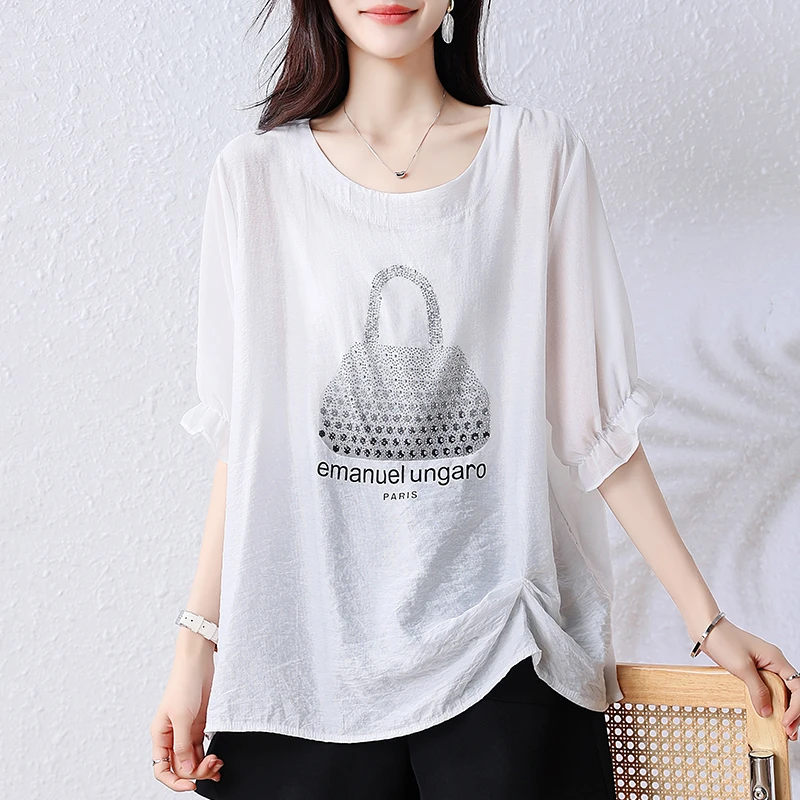 大码时尚烫钻印花短袖T恤女2025夏季新款设计感抽褶宽松显瘦上衣
