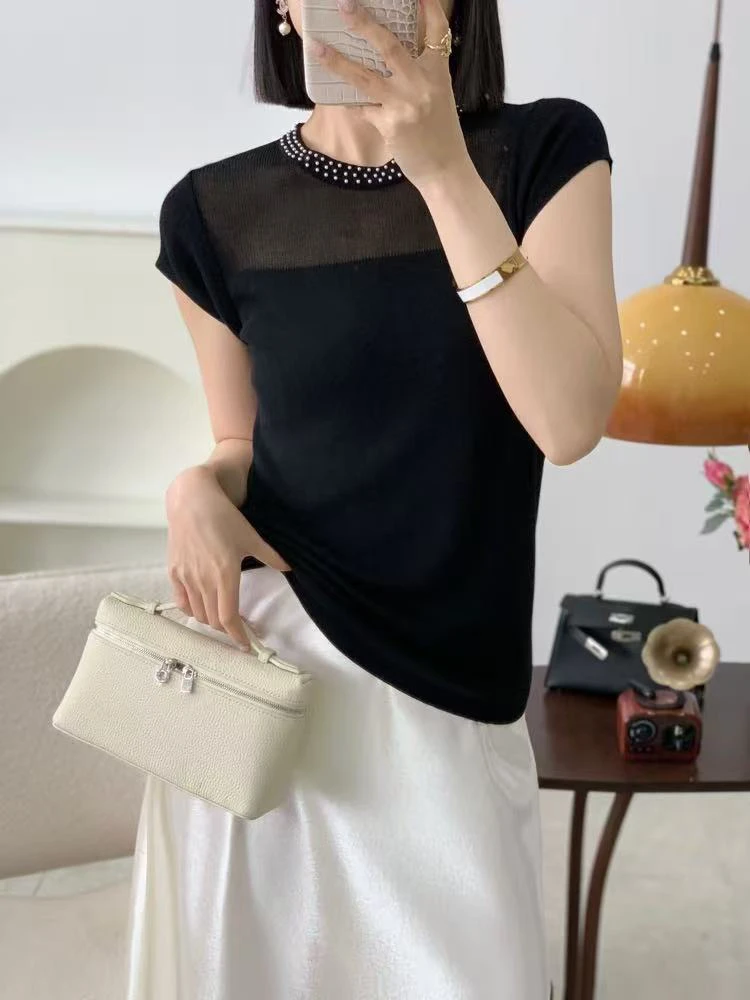 天丝短袖常规包袖薄款女纯色毛针织衫时尚气质百搭小香风优雅风