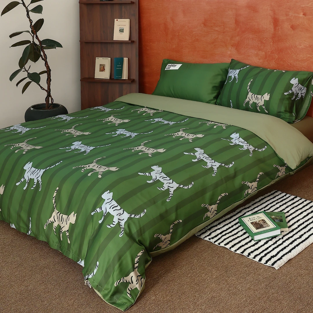 虎斑猫tabby 中古风原创60支全棉四件套猫咪条纹床单被套绿色三件