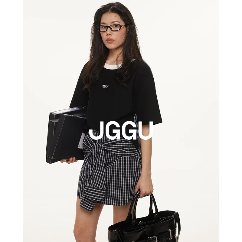 晶咕【美式女高】格纹绑带假两件连衣裙女夏季设计感裙子JG11250107