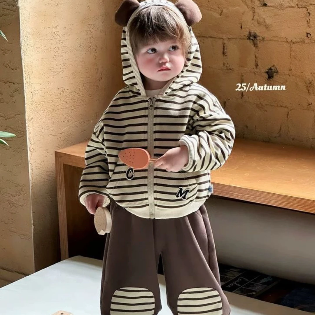 男女宝宝可爱耳朵条纹连帽外套婴幼儿童慵懒风休闲卫裤套装韩版潮