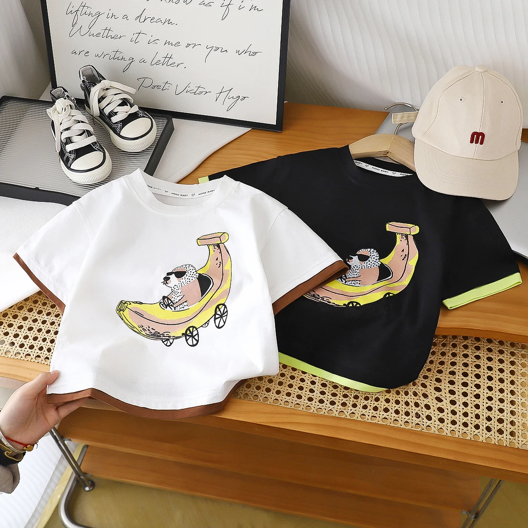 夏季100%纯棉假两件儿童短袖T恤冰爽棉男童女童韩版短袖T恤HH