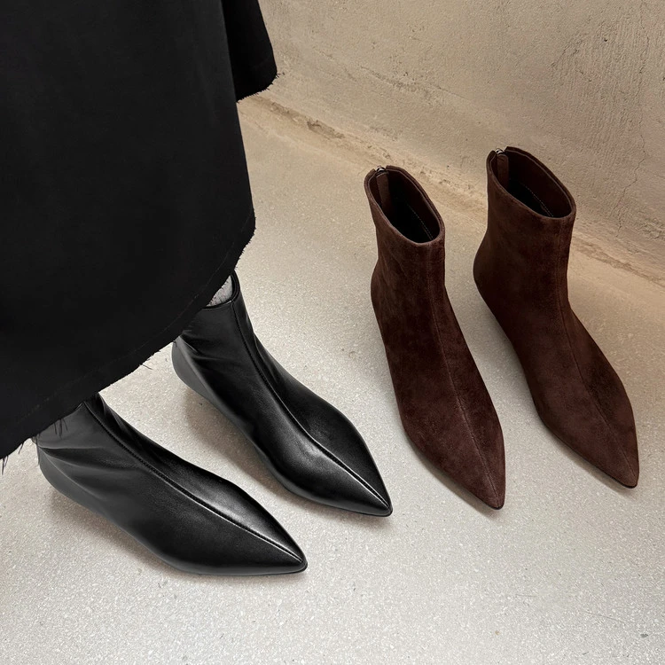 牛皮+羊皮~2.5cm秋冬新款低跟真皮短靴女尖头法式加绒保暖瘦瘦靴