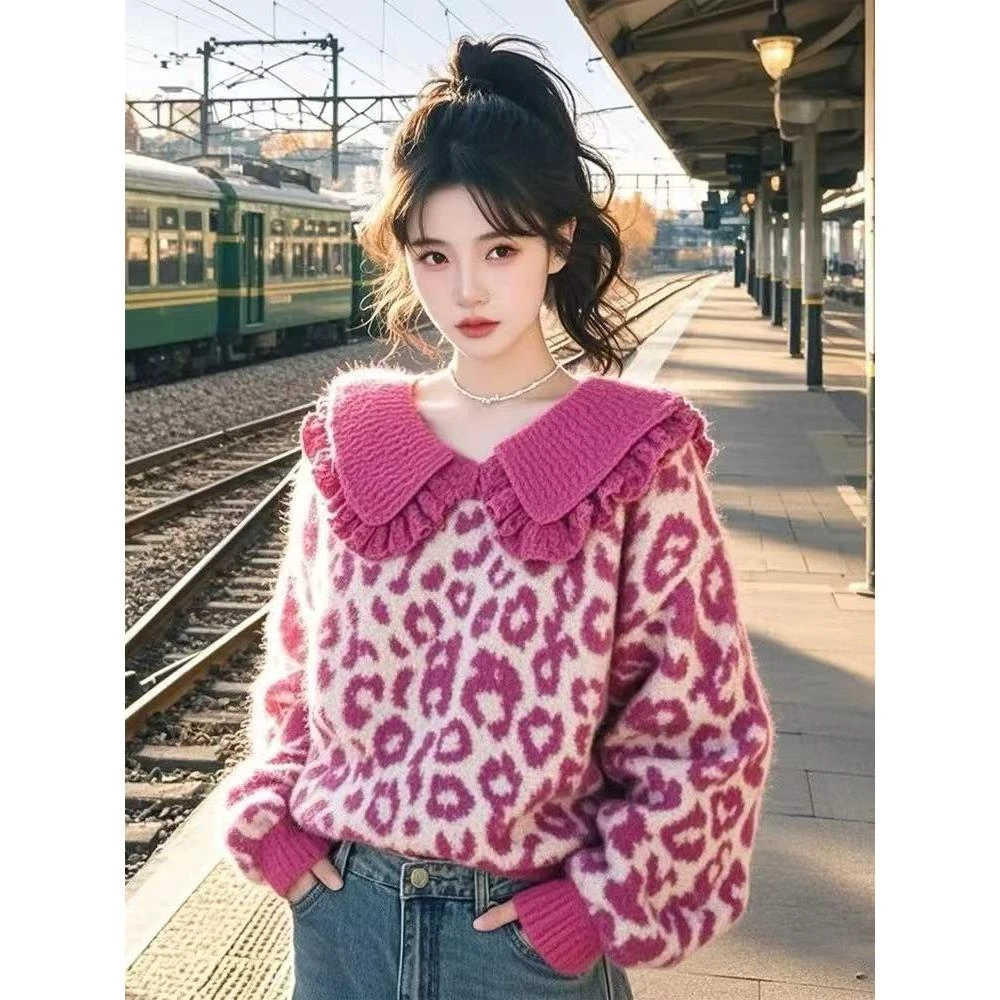 女装小个子慵懒高级感韩系奶呼呼软糯设计感宽松树莓粉娃娃领毛衣