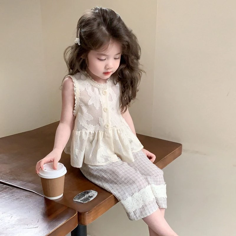 女童镂空背心套装夏装2025新款儿童洋气女孩校园两件套无袖童装