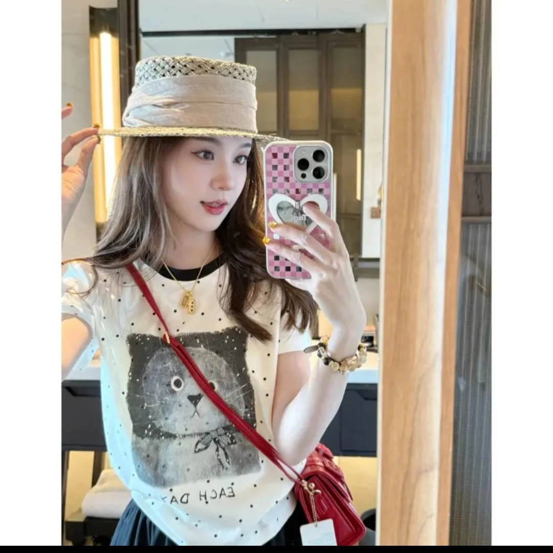 波点常规型猫咪短袖印花T恤2025新款韩版网红百搭气质洋气上衣