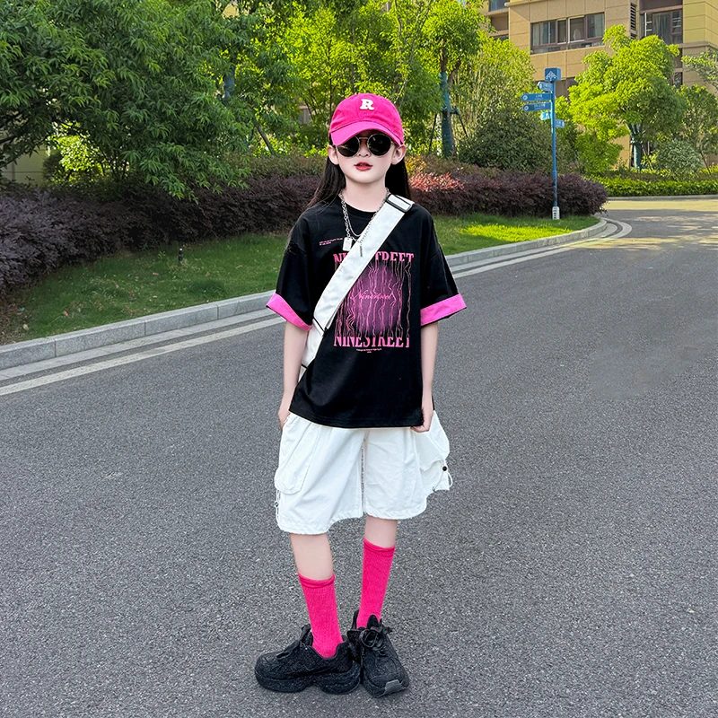 儿童休闲运动服套装夏季2025新款中大童街舞宽松短袖短裤两件套潮