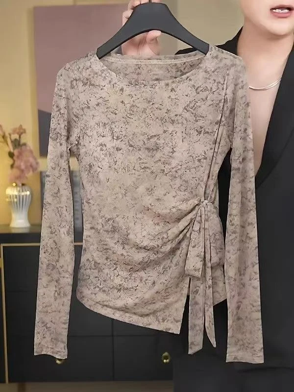 大码女装早秋双层韩版印花气质绑带长袖T恤女新款设计感网纱上衣