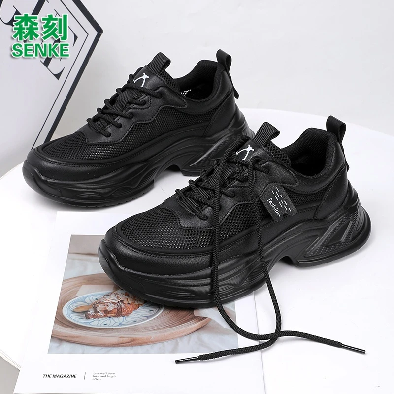 森刻夏季新款圆头薄款纯色系带网面鞋轻便网红透气防滑耐磨老爹鞋