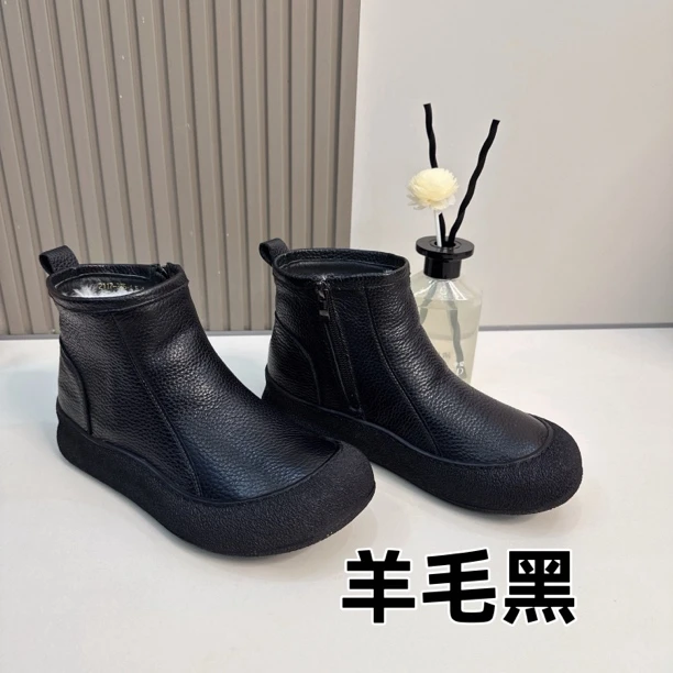 24年新款真皮真羊毛短靴女舒适头层牛皮百搭复古风软底防滑皮靴