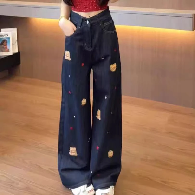 美式小熊贴布刺绣牛仔裤女秋季百搭设计感阔腿长裤直筒拖地裤子