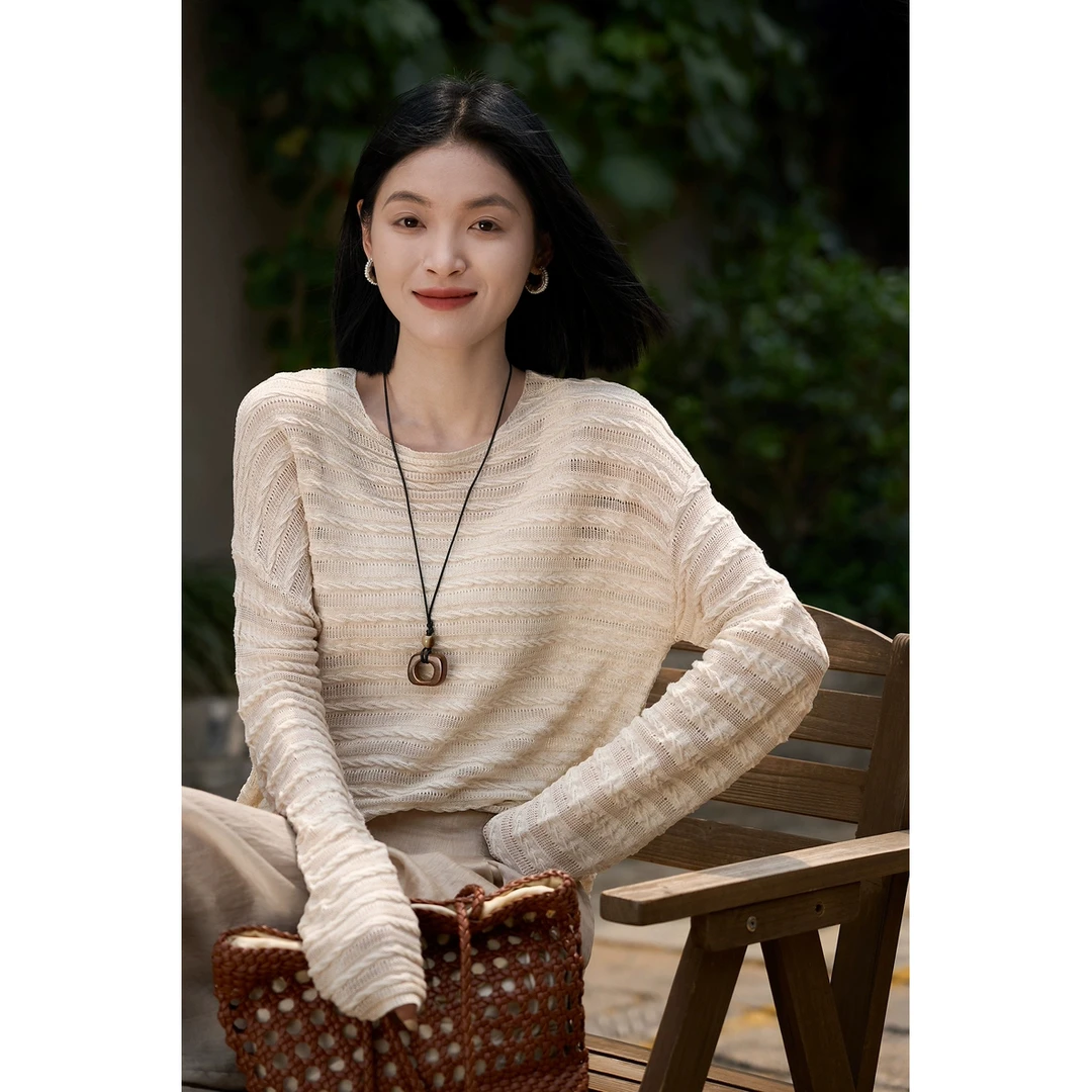 B 门店49&9！织梦罩衫」莱赛尔天丝亚麻镂空绞花套头针织衫女 T4738