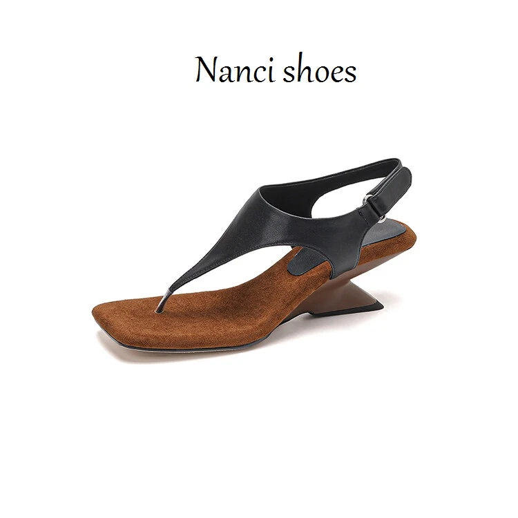5cm异形跟头层牛皮时尚复古拼色夏季休闲坡跟方头夹趾拖鞋凉鞋