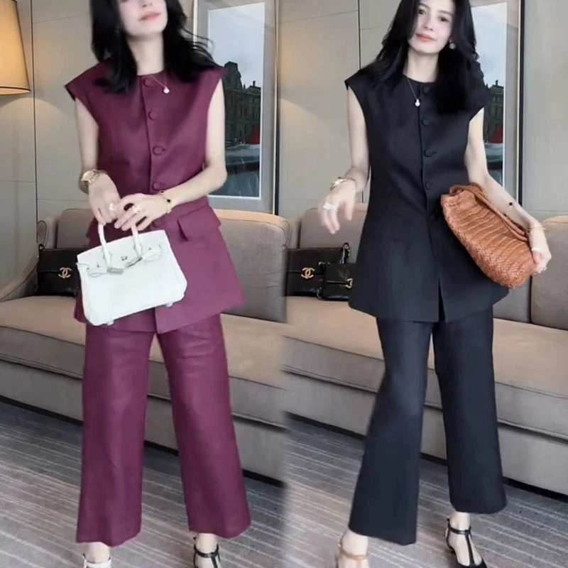 夏季薄款高品质纯色轻奢极简风气质优雅小包袖马甲裤子两件套装女