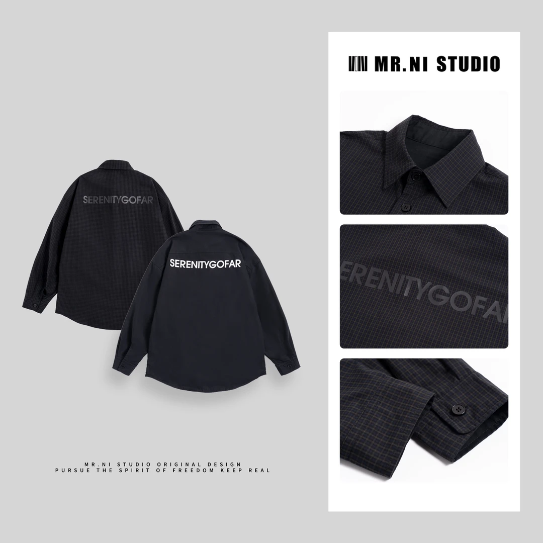 MR.NI/倪先生「巴黎秀场」高密水洗棉感双面可穿字母细格秋廓形衬衫