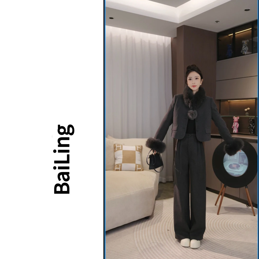 LN白鸭绒可拆卸毛领羽绒服秋冬新款高级感时尚直筒裤四件套BN0448