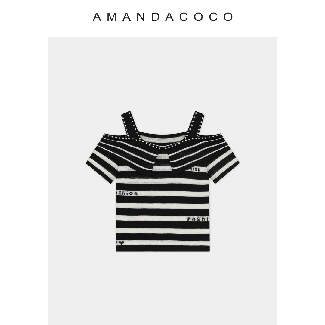 AMANDACOCO茜茜丨海岸遐思～钉钻条纹拼接荷叶边露肩短袖针织衫