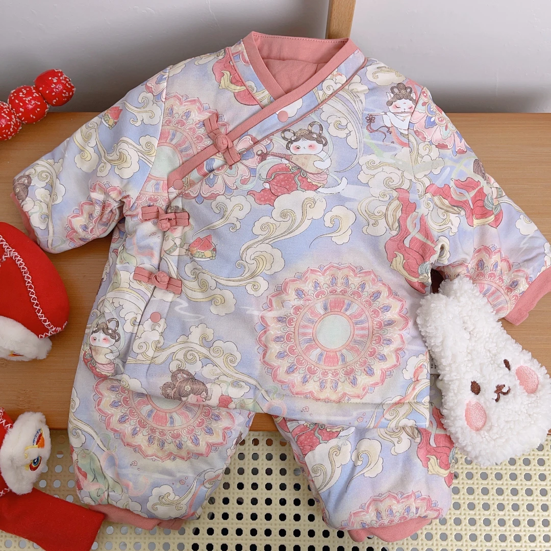 婴幼儿分体套装2025年冬季新款夹棉长袖小宝宝套装敦煌国风套装