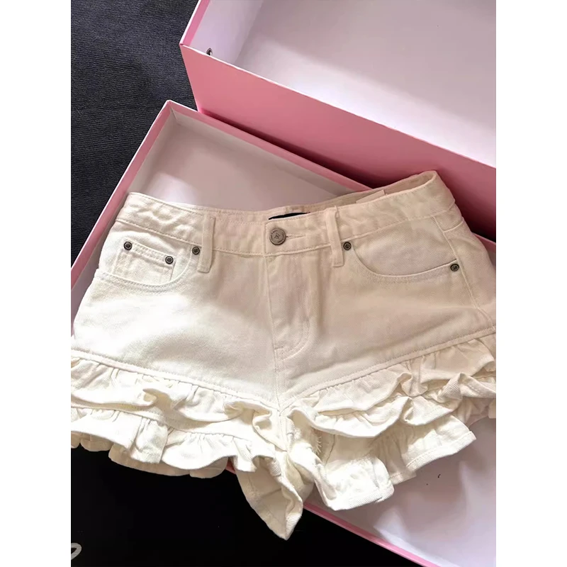 甜美学院风双层波浪牛仔短裤女夏季新款2025卷花边设计修身热裤潮