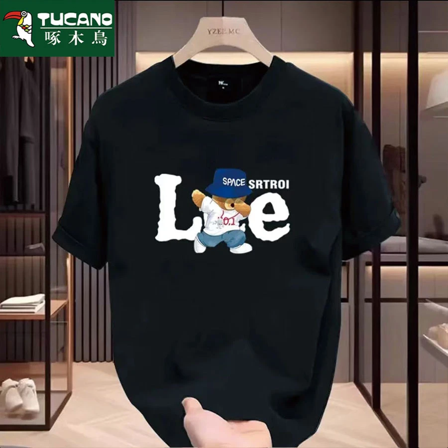 啄木鸟夏季纯棉短袖t恤男女潮流宽松圆领印花上衣打底衫全棉半袖