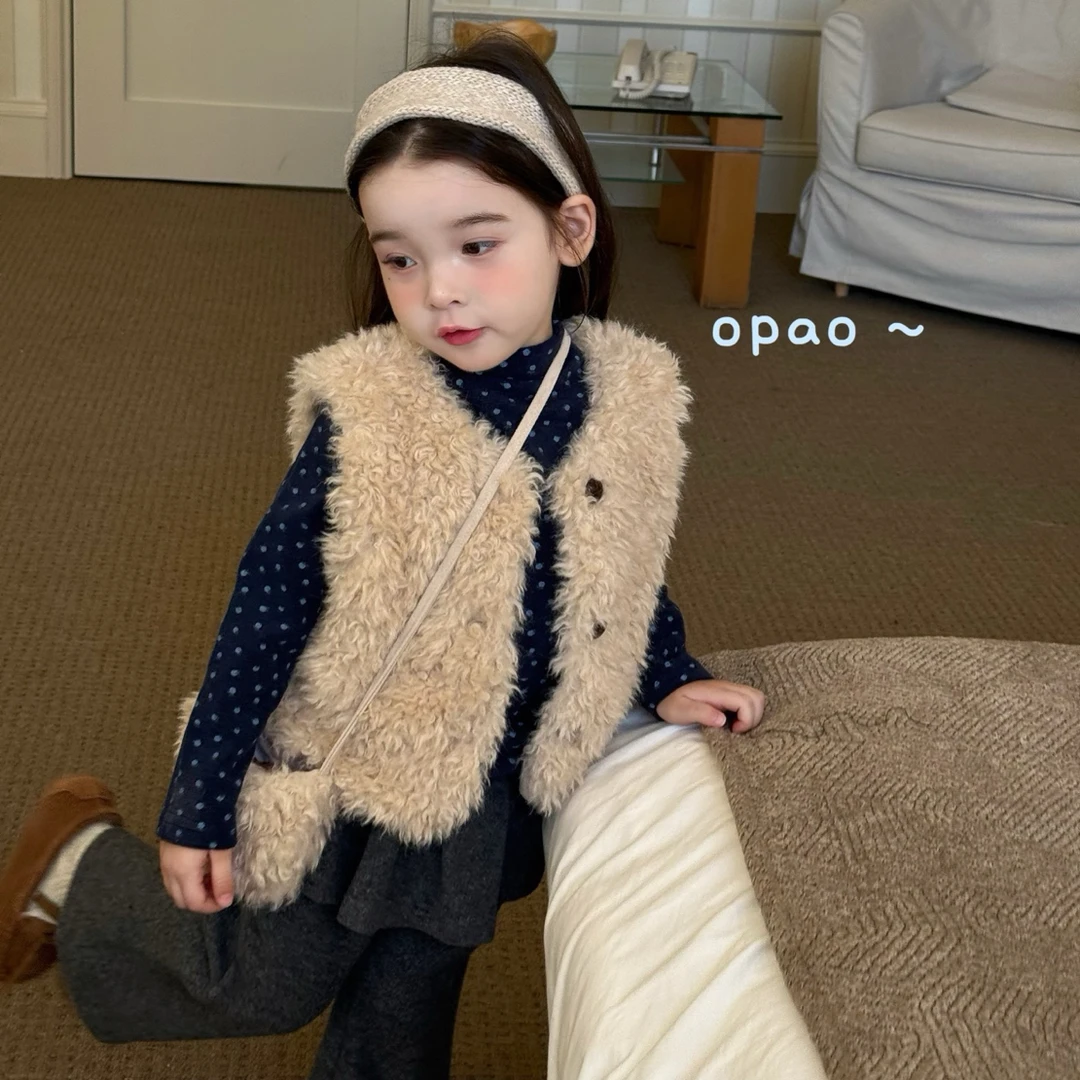 Opao-正品25秋冬女童加绒加厚打底毛毛马甲深灰色屁帘喇叭裤套装