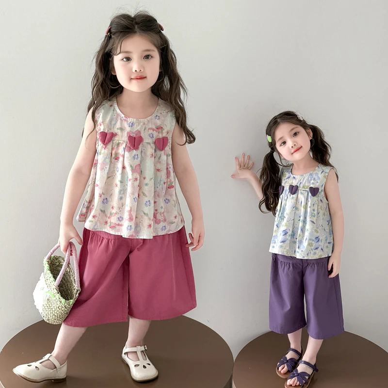 女童碎花无袖套装洋气儿童夏季新款女宝宝阔腿裤两件套小女孩时髦