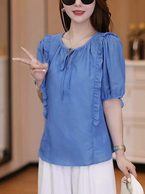 木耳边短袖衬衫女2025新款夏季宽松遮肚女士上衣时尚减龄洋气小衫