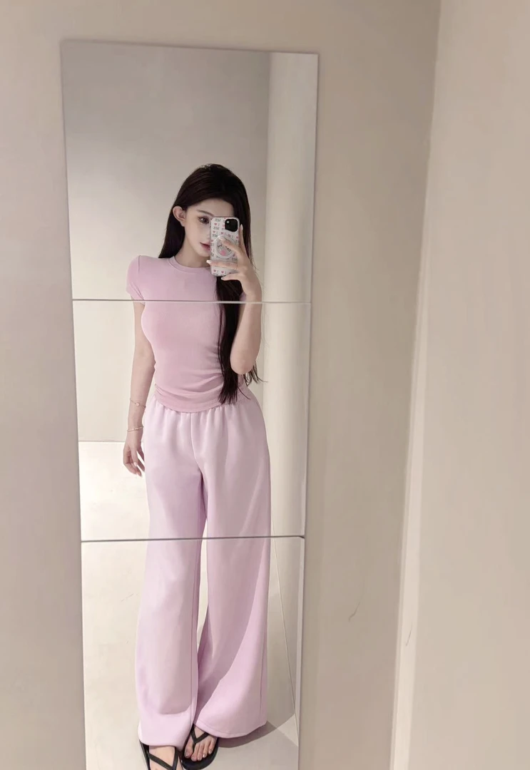 Yucii 玫瑰粉圆领短袖针织T恤春季新款甜美上衣