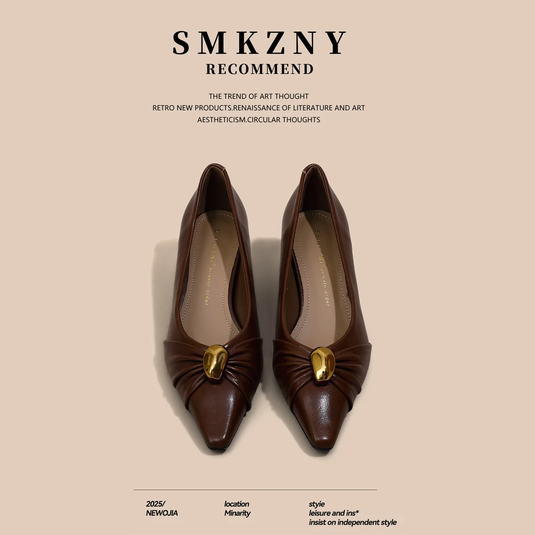 棕色浅口尖头高跟鞋女2025秋季新款鞋子百搭时尚性感女士粗跟单鞋