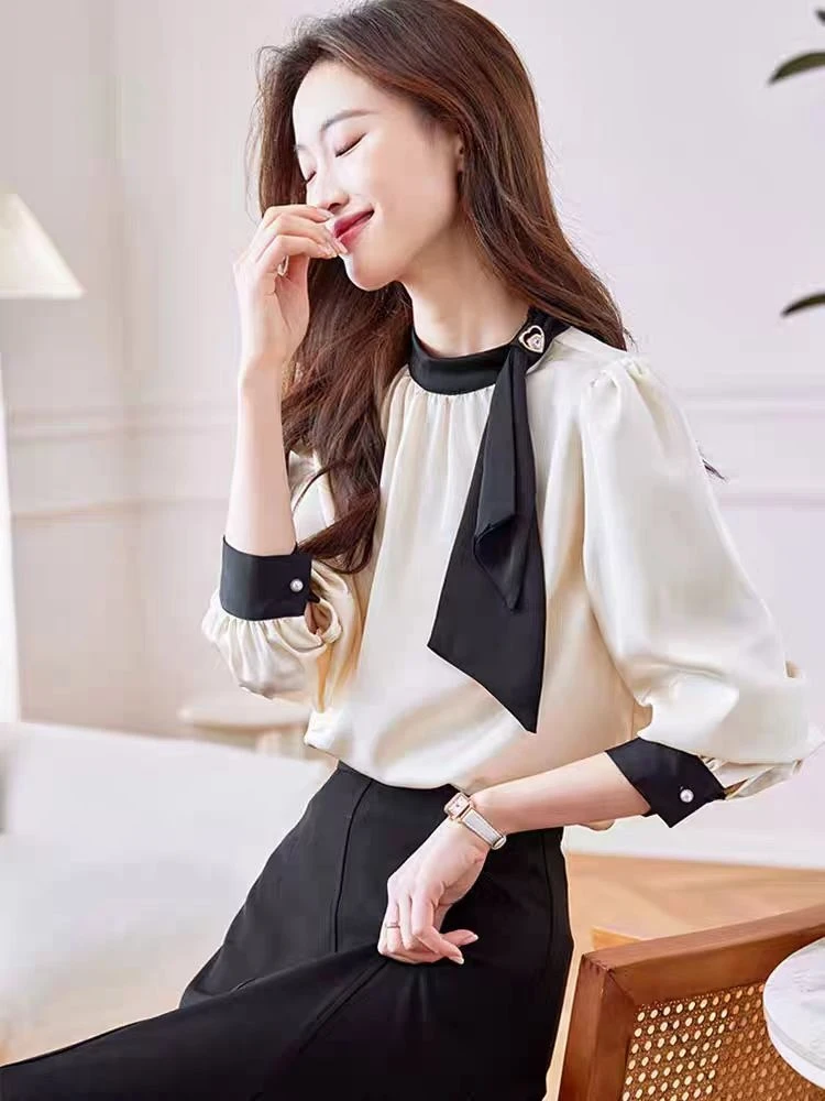 〈纪朵研〉H382法式撞色圆领小众衬衫女+长裤套装2025秋新款套装