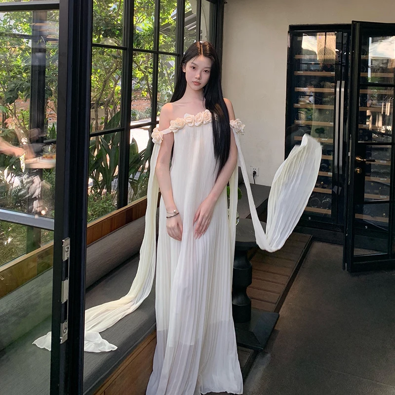 Y9539微胖mm法式仙气白色一字肩连衣裙女夏出游收腰无袖度假长裙