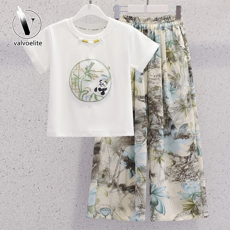 VALVOELITE女童国风套装夏季2025年新款洋气短袖沙滩阔腿裤两件套