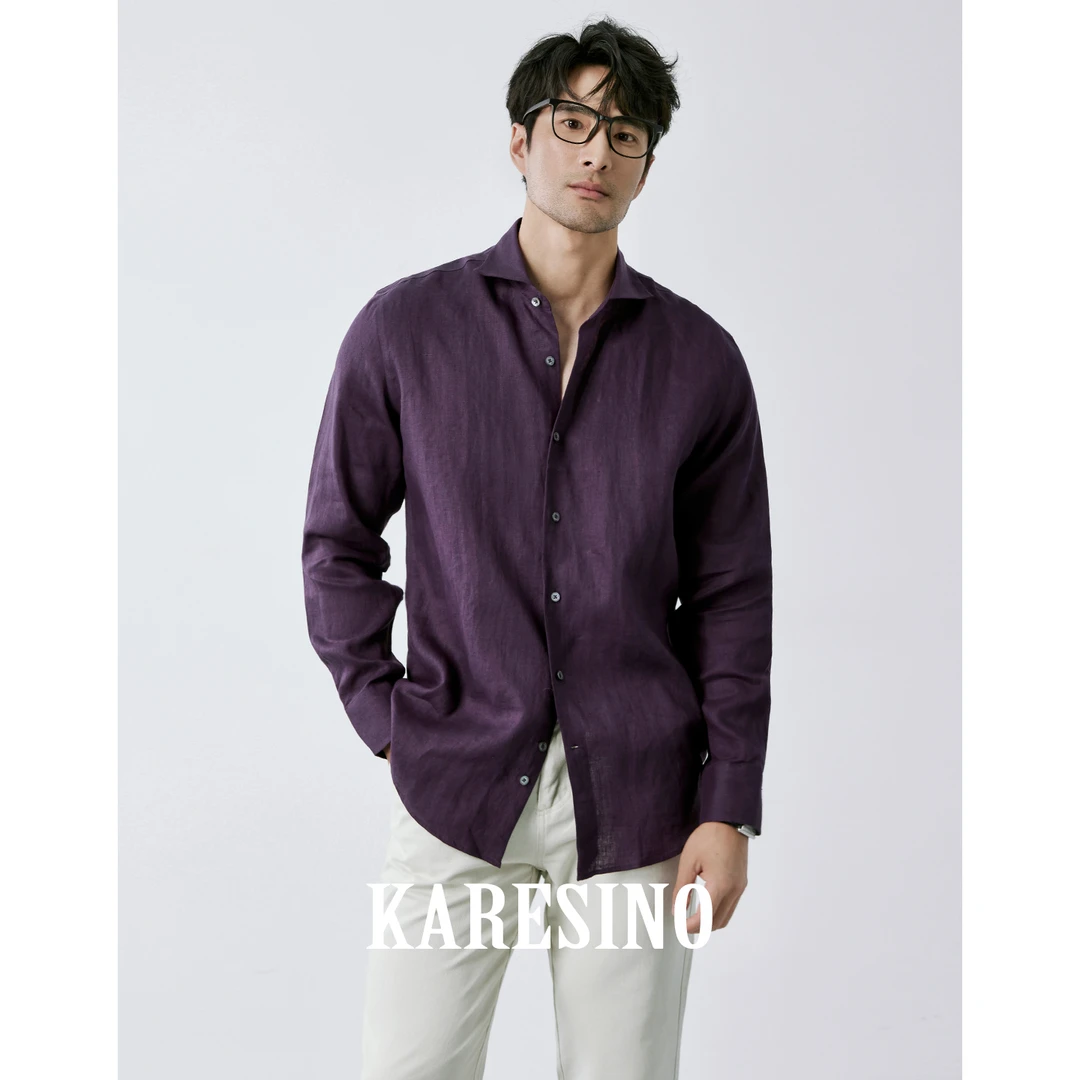 KARESINO高端商务绅士100％亚麻衬衣老钱风男装休闲时尚衬衫长袖