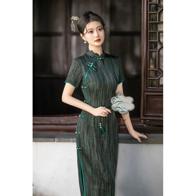QY2548（绿）2025新款旗袍M-5XL丝滑高货修身双面绉扎染印花