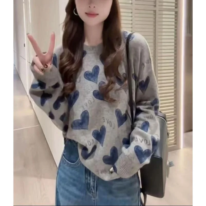 灰色爱心」慵懒风气质宽松氛围感针织衫设计感减龄爱心字母毛衣