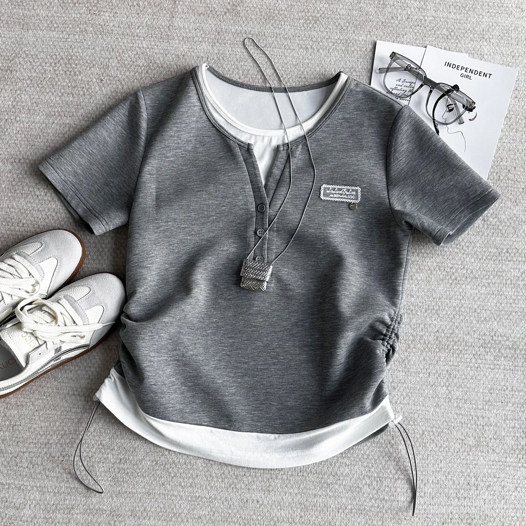 简约舒适假两件侧边收腰短袖T恤25 35073